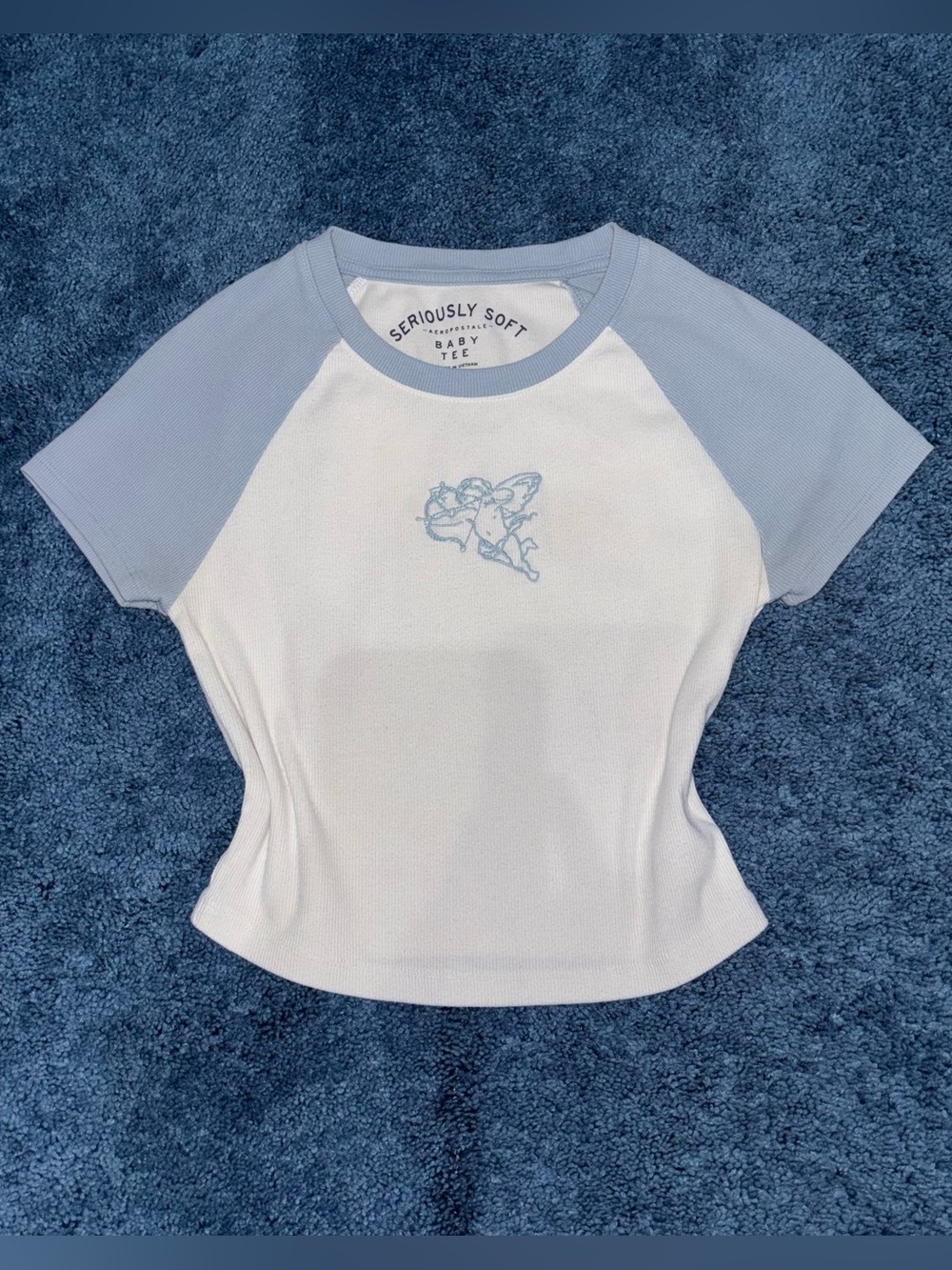 Aeropostale White Baby Tee with Light Blue Raglan Sleeves and Cherub